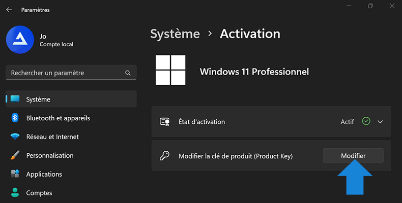 Modification de la clé Windows 11