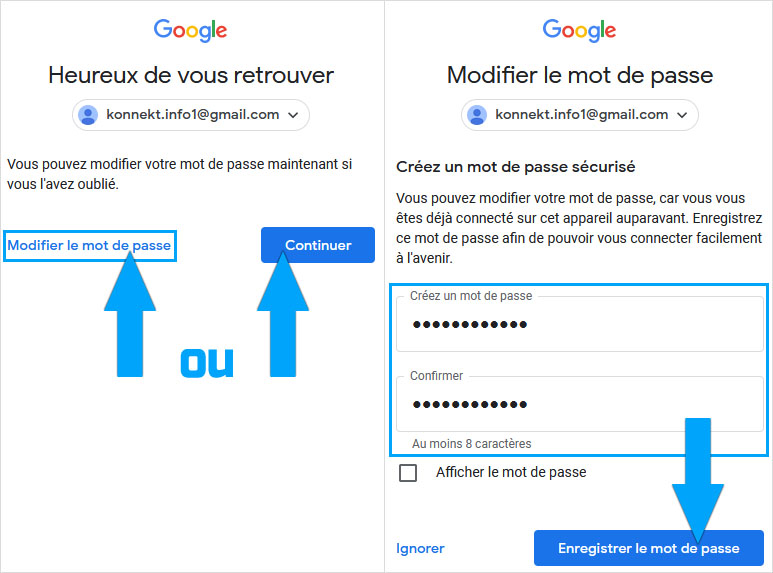 Modifier le mot de passe après une récupération sur Google