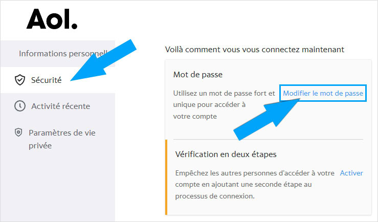 Modifier le mot de passe d'un compte AOL