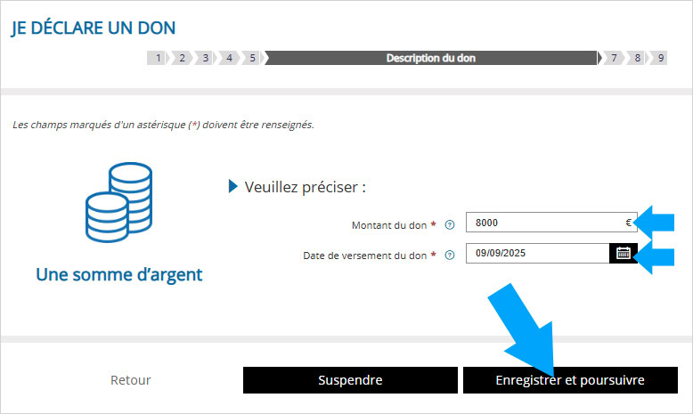 Montant et date du don à déclarer sur le site des impôts