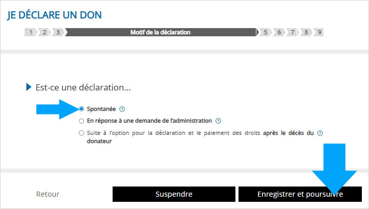 Choix du motif de la déclaration de don sur le site des impôts