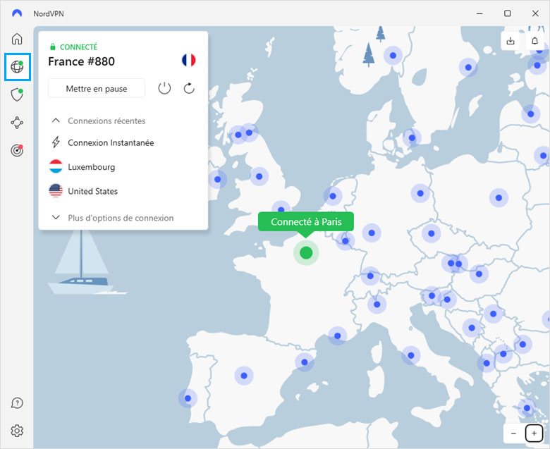 Onglet VPN de l'application NordVPN avec mappemonde interactive