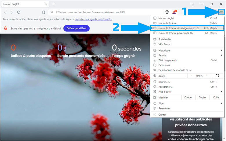 Ouvrir une nouvelle fenêtre de navigation privée sur Brave