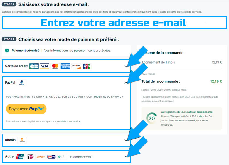 Saisie de l'adresse e-mail et choix du mode de paiement de l'abonnement à ExpressVPN