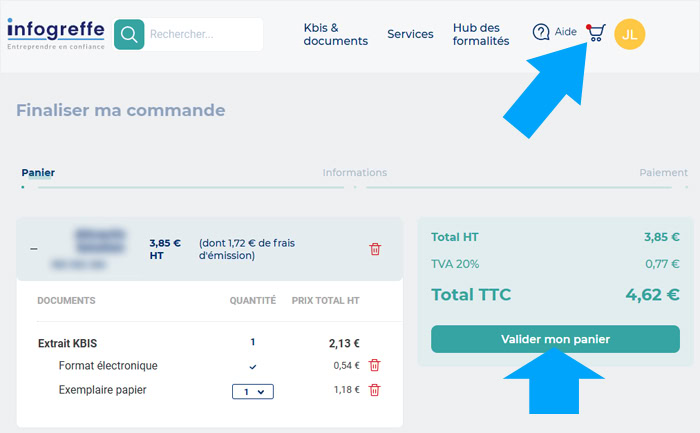 Paiement du Kbis demandé sur Infogreffe