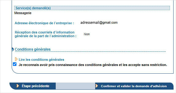 Récapitulatif avant la validation de la souscription aux services en ligne des impôts pour les pros