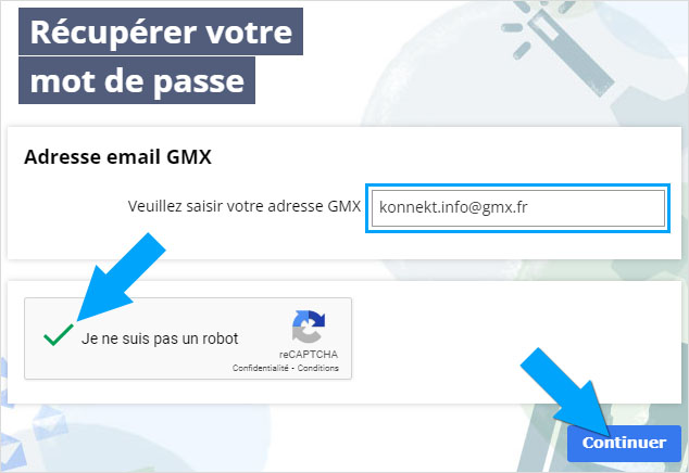 Saisie de l'adresse e-mail pour faire une récupération de mot de passe de compte GMX