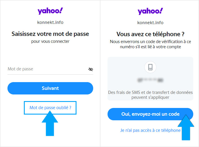 Demande de récupération du mot de passe chez Yahoo Mail
