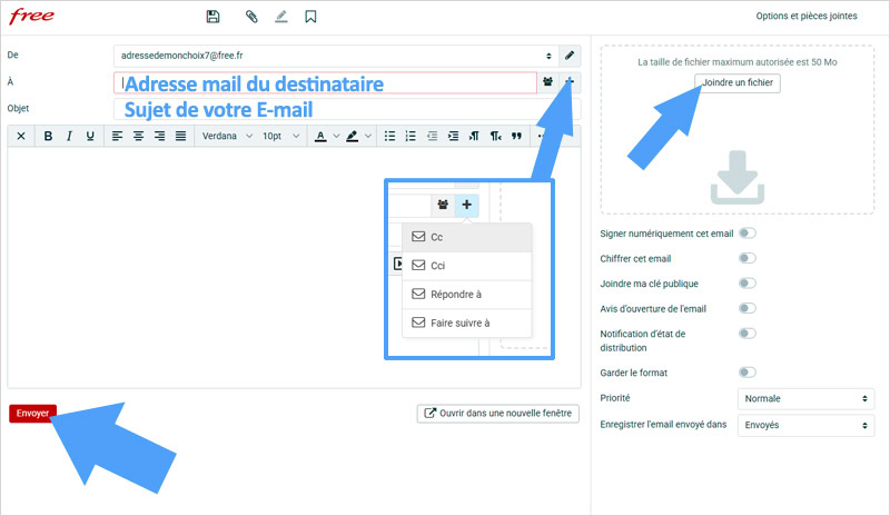 Page de rédaction et d'envoi d'e-mail Free Webmail