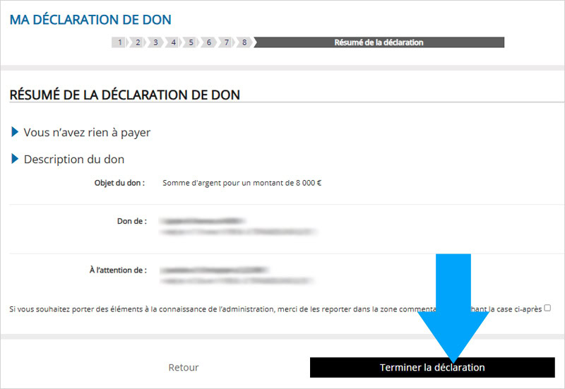 Résumé de la déclaration de don sur le site officiel des impôts