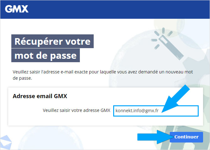 Saisie de l'adresse e-mail GMX pour créer un nouveau mot de passe