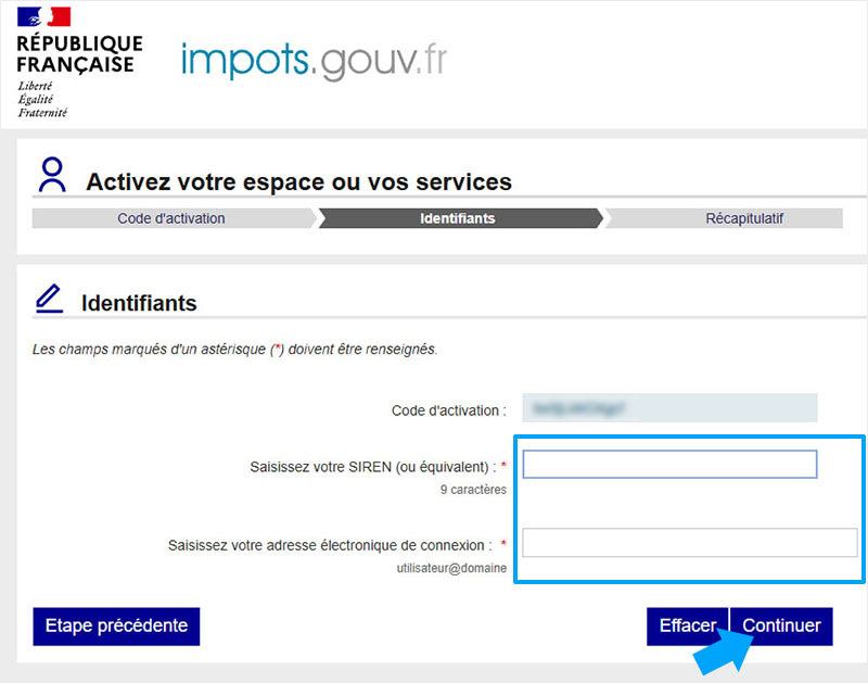 Saisie de votre SIREN et adresse e-mail pour valider l'activation des services souscrits sur impôts.gouv.fr