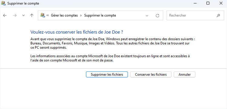 Suppression d'un compte et conservation de ses fichiers sur windows 11