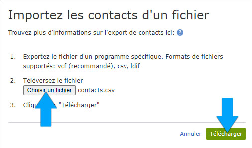 Téléchargement du fichier d'importation de liste de contacts sur GMX