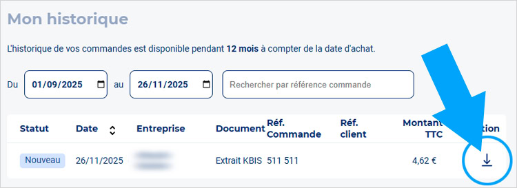 Télécharger le Kbis acheté, dans l'historique des achats sur Infogreffe