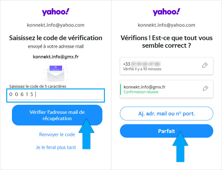 Vérification de l'adresse mail de récupération et récapitulatif chez Yahoo Mail