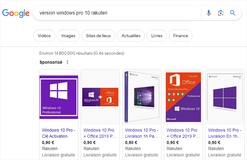 Texte montrant les offres pas chères de windows 10 pro sur Google